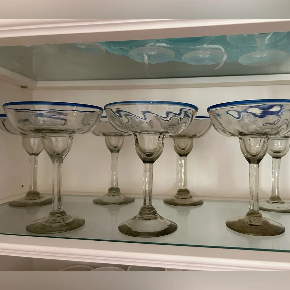 Vintage Margarita Glasses Blue Rim Mexican Hand blown 6.5” x 5”‎ set of 2